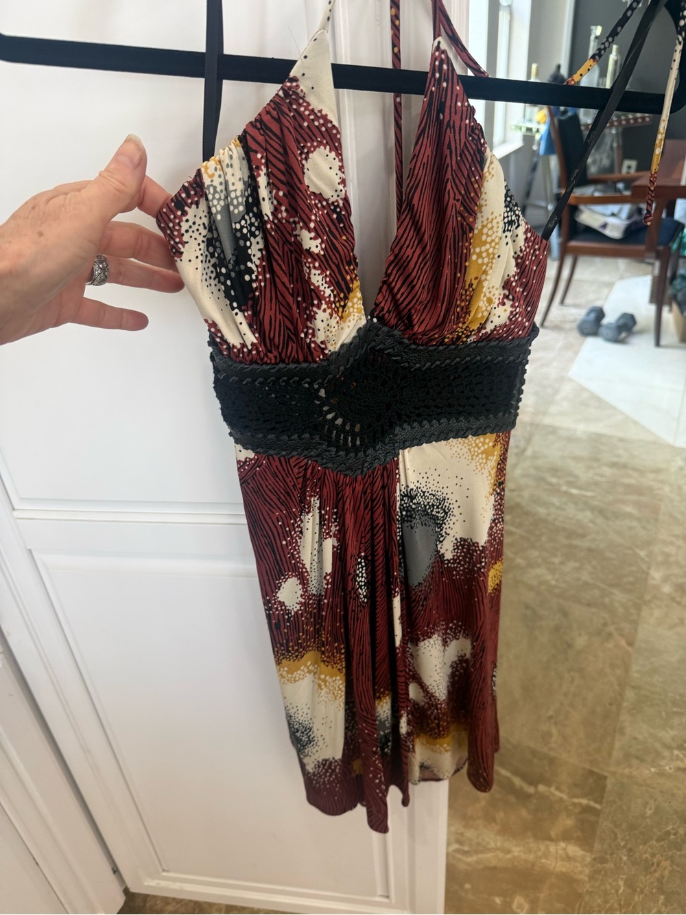 Sky Brand Women’s V-Neck Patterned Sundress in Burgundy, Cream & Black